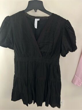 Grace + Karma Black Tiered Midi Dress with Puff Sleeves